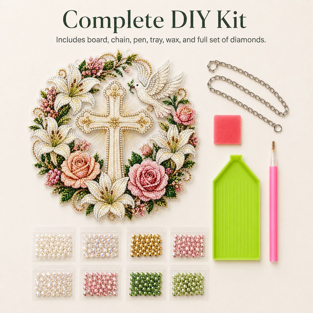🔥LAST DAY 49% OFF - ✝️🕊️Cross, Flowers & Peace Dove Diamond Art Hanging Ornament Kit