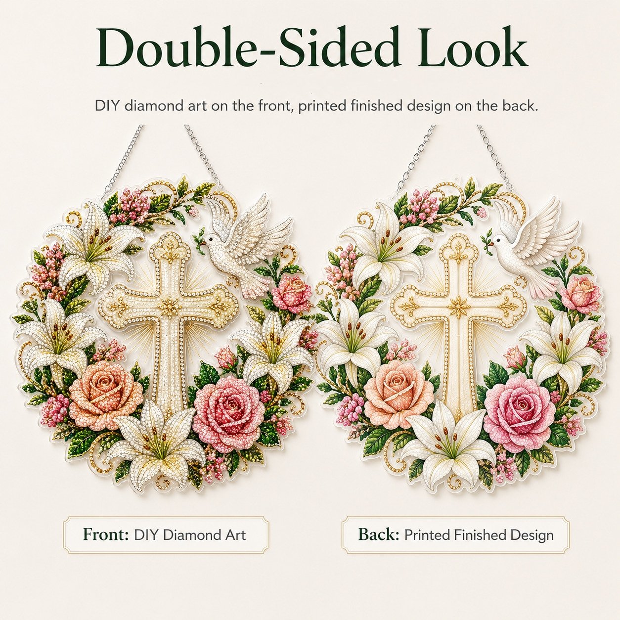 🔥LAST DAY 49% OFF - ✝️🕊️Cross, Flowers & Peace Dove Diamond Art Hanging Ornament Kit