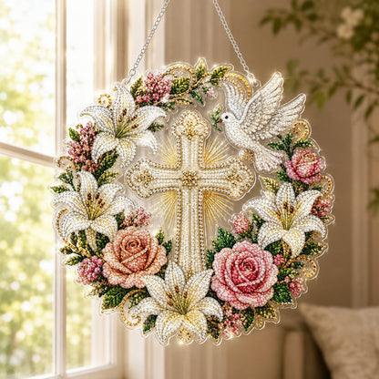 🔥LAST DAY 49% OFF - ✝️🕊️Cross, Flowers & Peace Dove Diamond Art Hanging Ornament Kit