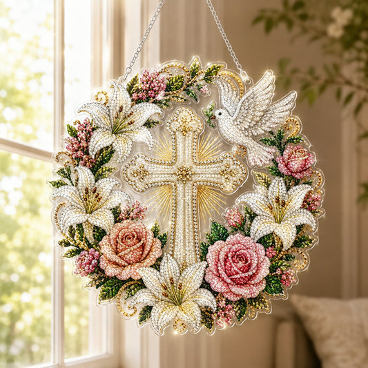 🔥LAST DAY 49% OFF - ✝️🕊️Cross, Flowers & Peace Dove Diamond Art Hanging Ornament Kit