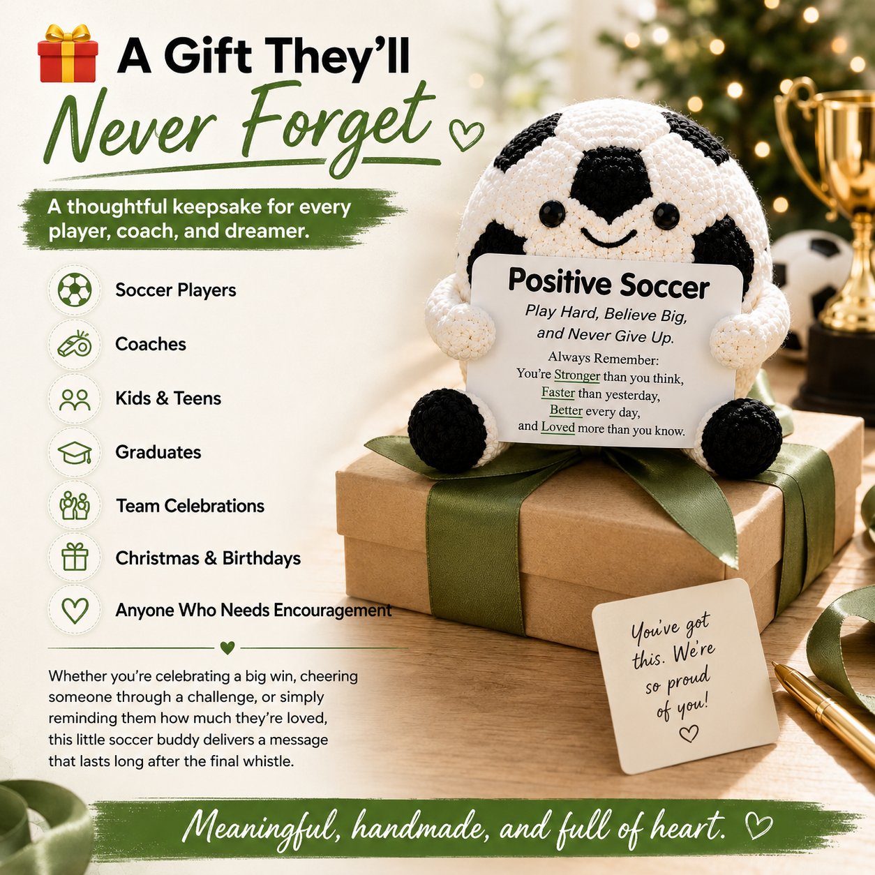 ⚽ Positive Soccer Buddy – Handmade Crochet Encouragement Gift 💚