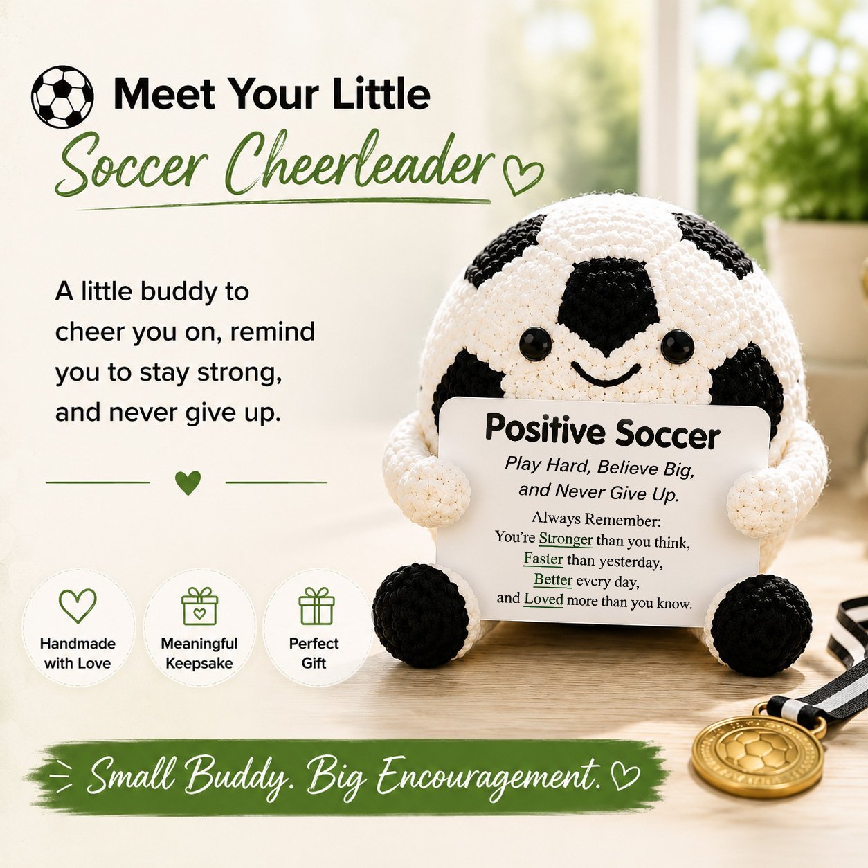 ⚽ Positive Soccer Buddy – Handmade Crochet Encouragement Gift 💚